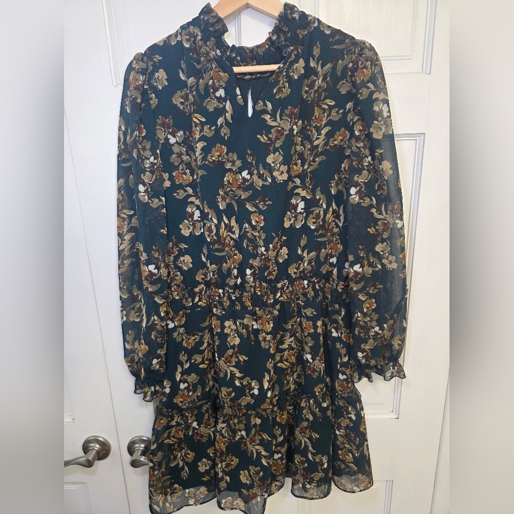 Anthropologie Drew Dk Green Fern Floral Fully Lined Boho Midi Dress- Sz XS